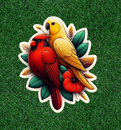 Beautiful red cardinal and yellow parakeet waterproof vinyl sticker - many sizes