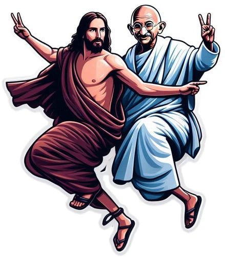 Jesus and Mahatma Gandhi air jumping together vinyl sticker decal - many sizes