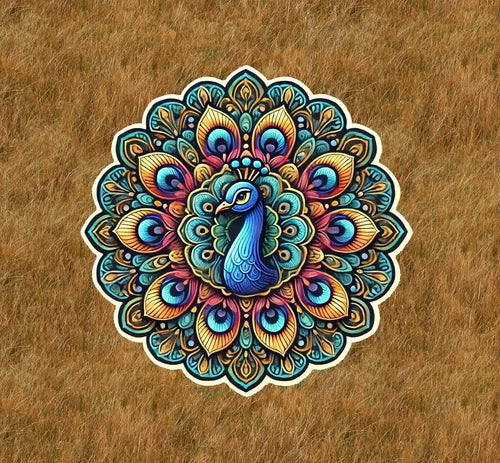 Beautiful peacock in a mandala design waterproof sticker decal- many sizes