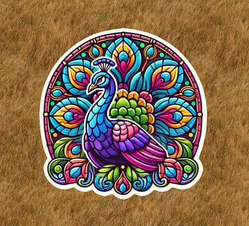 Beautiful peacock in a stained glass design waterproof vinyl sticker- many sizes