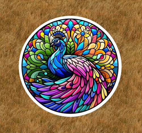 Beautiful peacock in a stained glass design waterproof vinyl sticker- many sizes