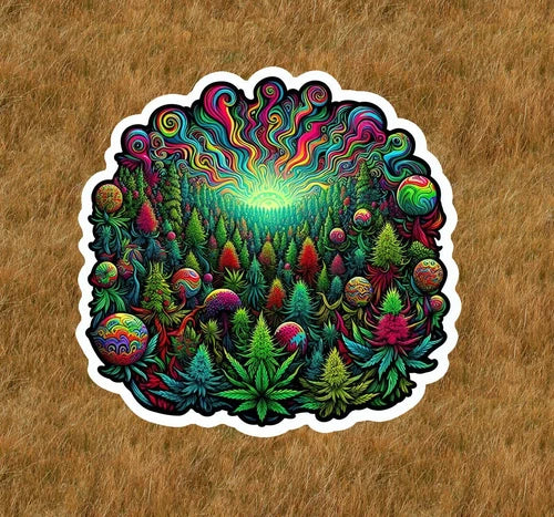 Marijuana plants under a psychedelic sky waterproof vinyl sticker- several sizes