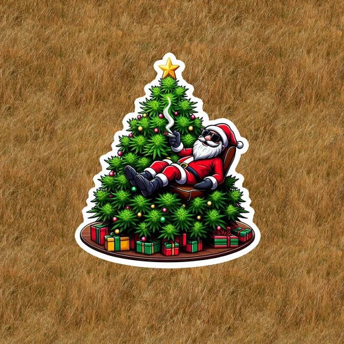 Santa Claus getting high on the Christmas Tree vinyl sticker - several sizes