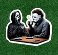 Michael Myers and Ghostface having coffee 100% waterproof sticker -several sizes