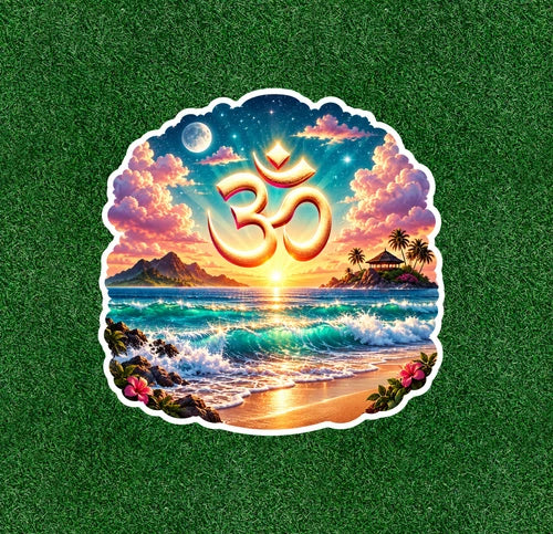 Om Indian prayer symbol around serene beach scene vinyl sticker - many sizes