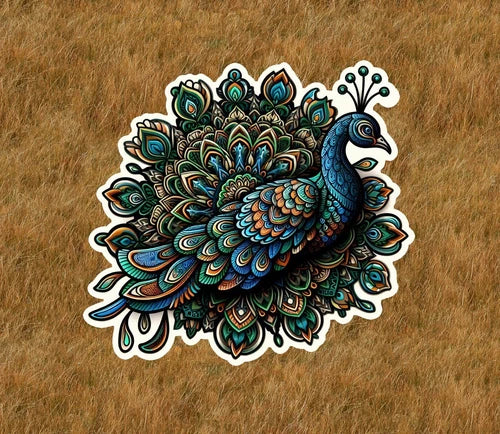 Beautiful peacock in a mandala design waterproof sticker decal- many sizes
