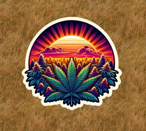Marijuana leaf and plants under a sunrise sky vinyl sticker decal- several sizes