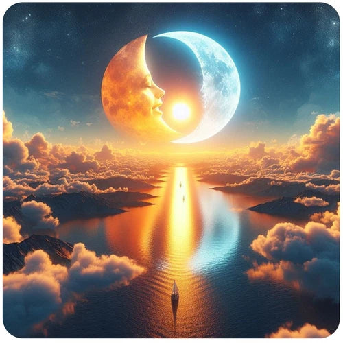 Moon loving sun over beautiful sky sticker decal - 4 inches