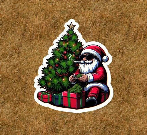 Santa Claus getting high on the Christmas Tree vinyl sticker - several sizes