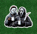 Michael Myers and Ghostface having coffee 100% waterproof sticker -several sizes