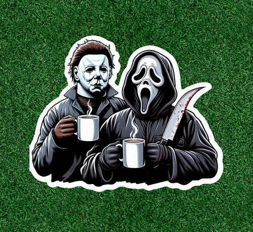 Michael Myers and Ghostface having coffee 100% waterproof sticker -several sizes