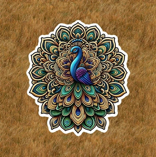 Beautiful peacock in a mandala design waterproof sticker decal- many sizes