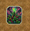 Marijuana plants under a psychedelic sky waterproof vinyl sticker- several sizes