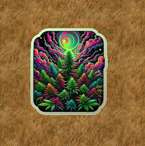 Marijuana plants under a psychedelic sky waterproof vinyl sticker- several sizes