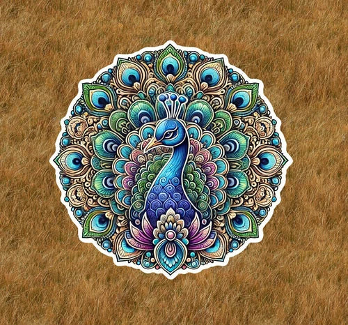 Beautiful peacock in a mandala design waterproof sticker decal- many sizes