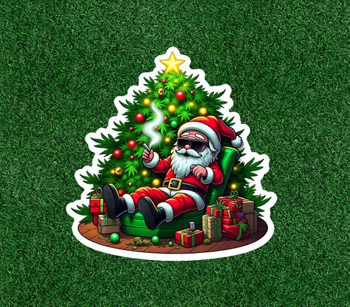 Santa Claus getting high under the Christmas Tree vinyl sticker - several sizes