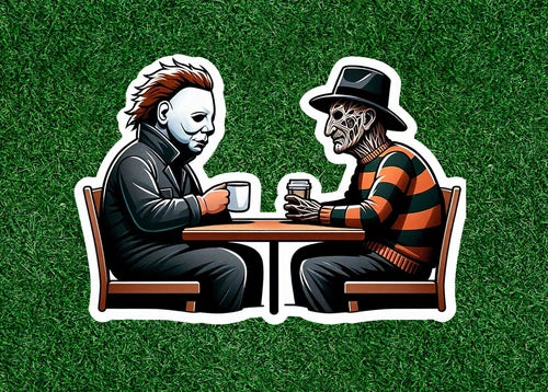 Michael Myers and Freddy Krueger having coffee waterproof sticker -several sizes
