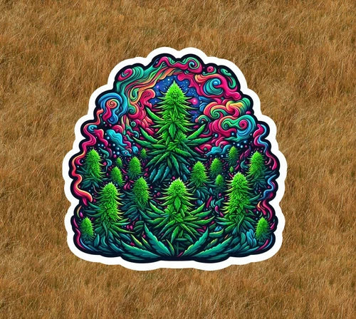 Marijuana plants under a psychedelic sky waterproof vinyl sticker- several sizes