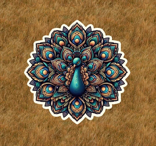 Beautiful peacock in a mandala design waterproof sticker decal- many sizes