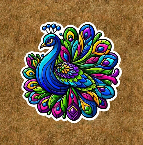 Beautiful peacock in a stained glass design waterproof vinyl sticker- many sizes