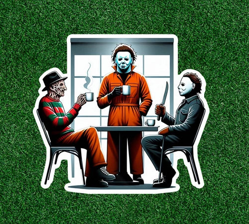 Jason, Michael Myers and Freddy having coffee waterproof sticker - several sizes