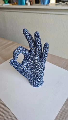OK sign hand statue - shimmering silver blue color - 7 inches in height