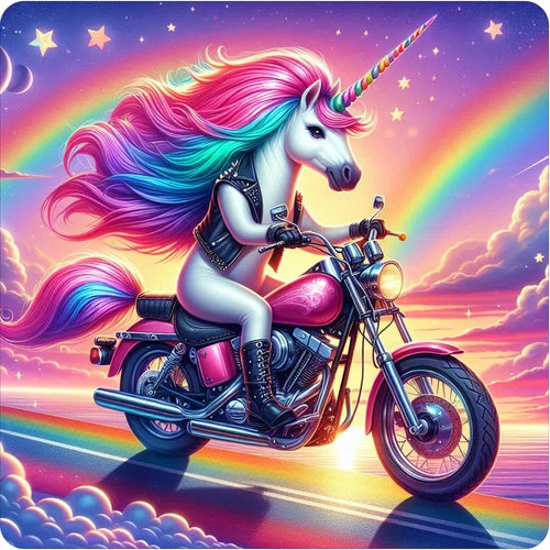 Flying Unicorn riding motorcycle - waterproof vinyl sticker decal- several sizes