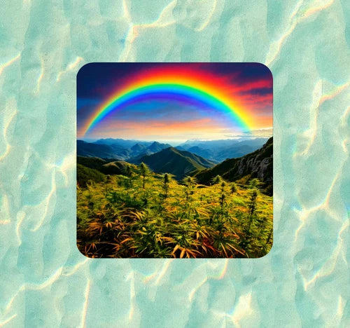 Marijuana plants under a psychedelic sky waterproof vinyl sticker - many sizes