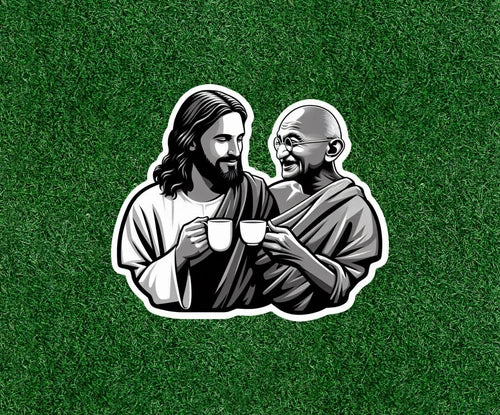 Jesus and Gandhi having tea together waterproof vinyl sticker decal - many sizes