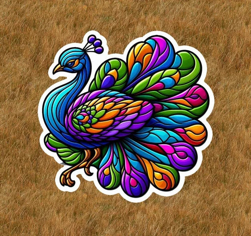Beautiful peacock in a stained glass design waterproof sticker decal- many sizes