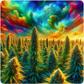 Marijuana plants under a psychedelic sky vinyl sticker decal - several sizes