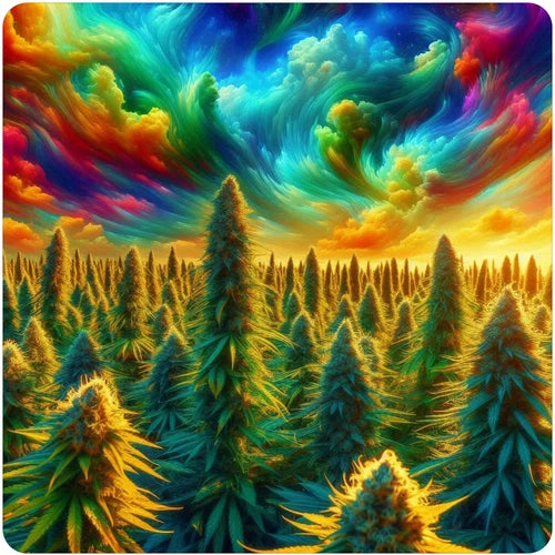 Marijuana plants under a psychedelic sky vinyl sticker decal - several sizes