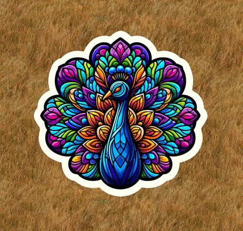 Beautiful peacock in a stained glass design waterproof vinyl sticker- many sizes