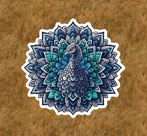 Beautiful peacock in a mandala design waterproof sticker decal- many sizes