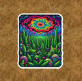 Marijuana plants under a psychedelic sky waterproof vinyl sticker- several sizes