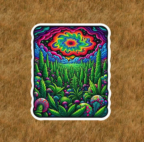 Marijuana plants under a psychedelic sky waterproof vinyl sticker- several sizes